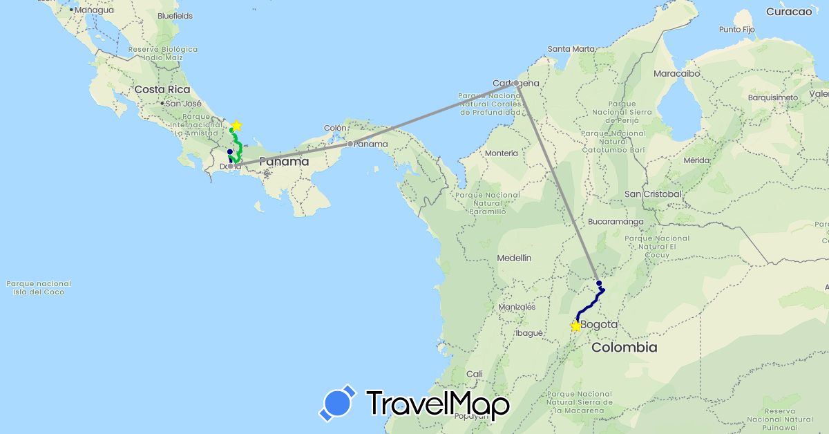 TravelMap itinerary: driving, bus, plane, boat in Colombia, Panama (North America, South America)
