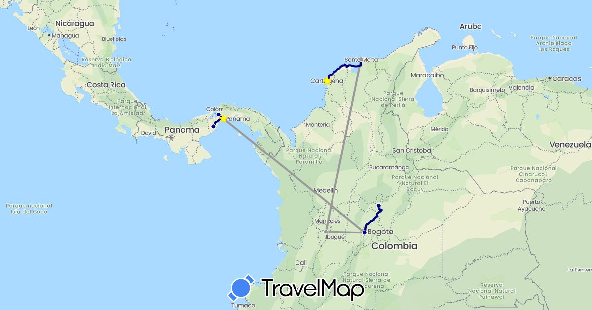 TravelMap itinerary: driving, plane in Colombia, Panama (North America, South America)