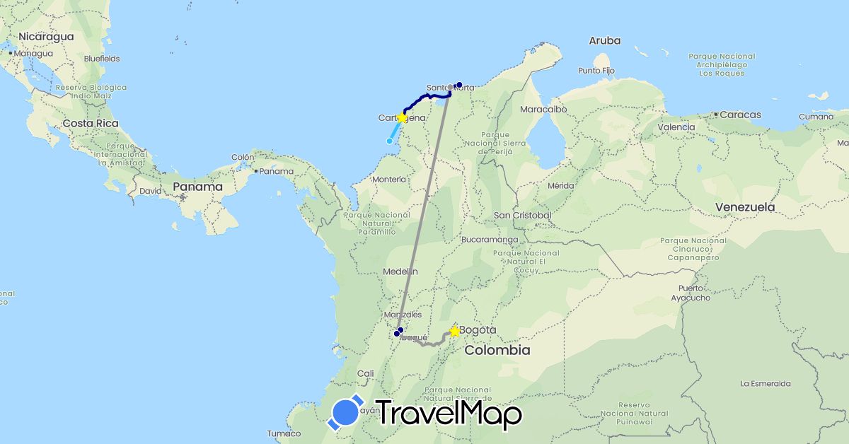 TravelMap itinerary: driving, plane, boat in Colombia (South America)