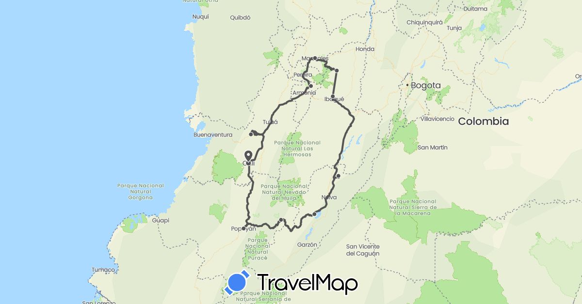 TravelMap itinerary: driving, motorbike in Colombia (South America)